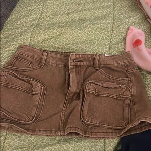 Brown Denim Mini Skirt with Pockets